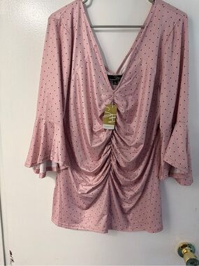 Suzanne Betro Pink Polka Dot Ruched V-Neck Blouse